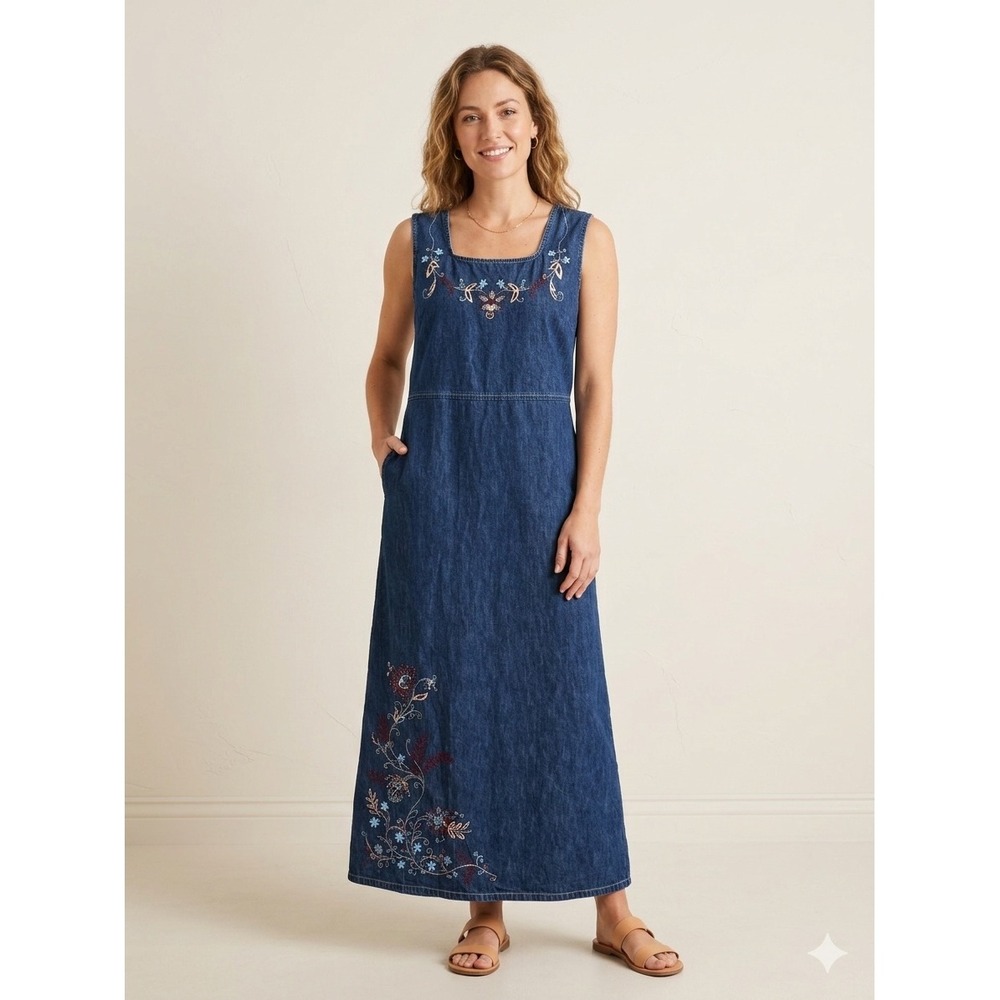 Studio Ease Denim Maxi Dress Women 14 Blue Embroidered Floral Cottagecore Boho